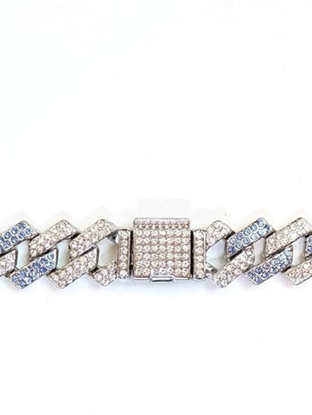 Silver & Blue Iced-Out Tilted Cuban Gem Link Chain Necklace (20-inches) - Picture 4 of 6
